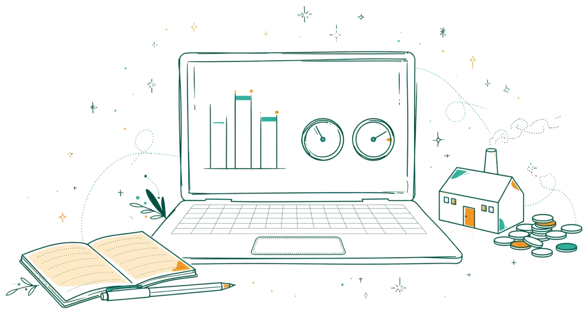 Dessin au trait : ordinateur avec graphiques et pions de gestion