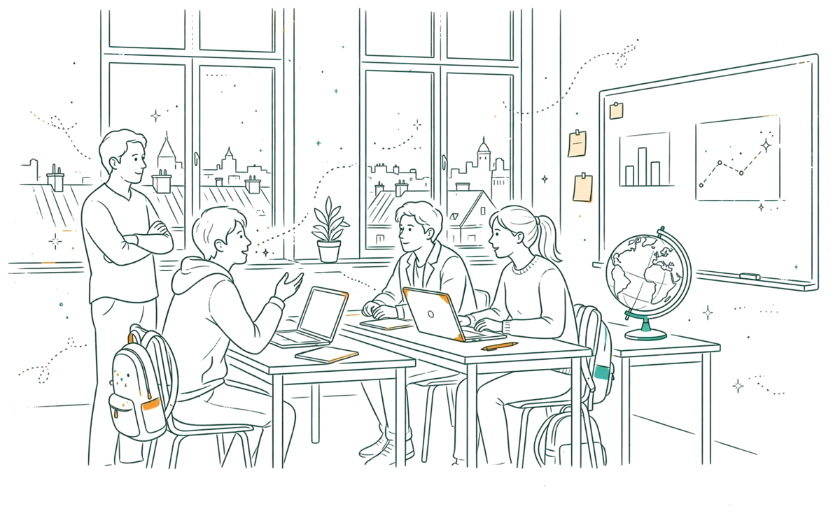 Dessin au trait : cours en anglais dans une salle à Budapest