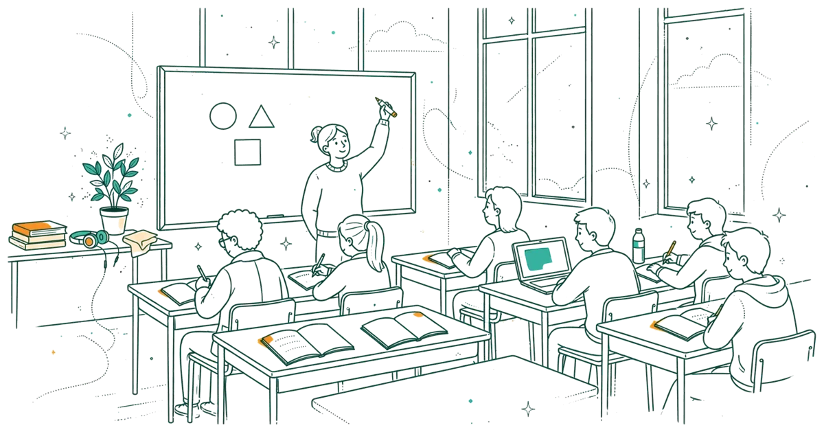 Dessin au trait : cours en classe avec professeur au tableau blanc