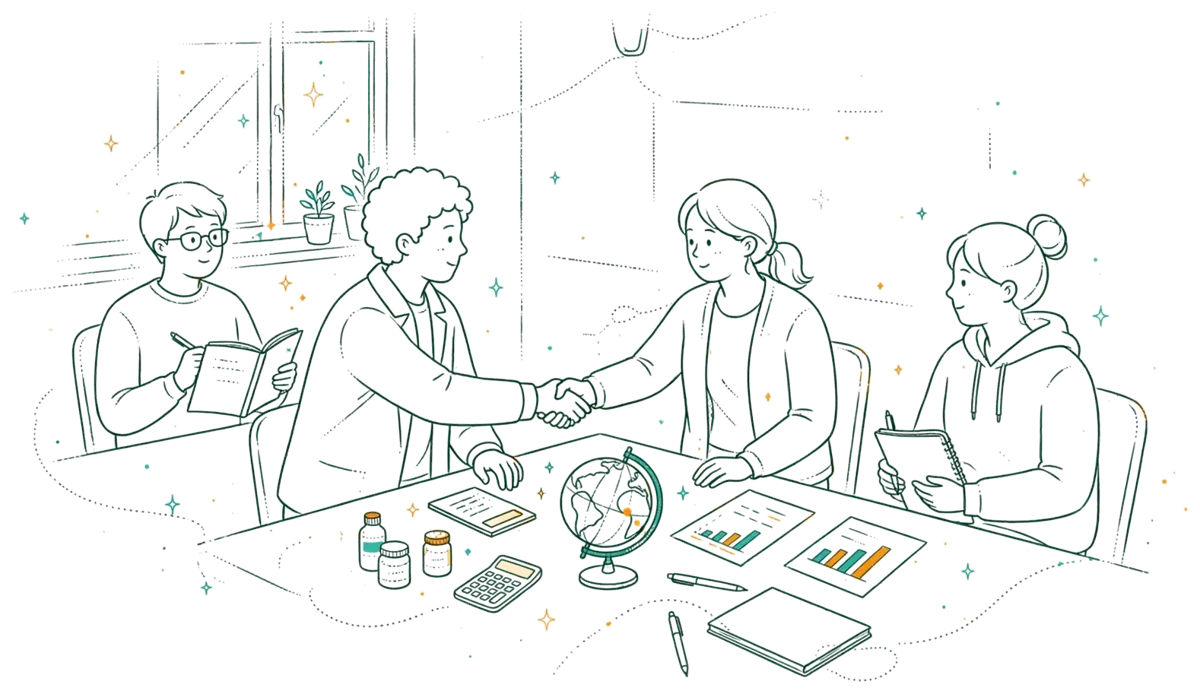 Dessin au trait : étudiants en négociation export autour d’une table