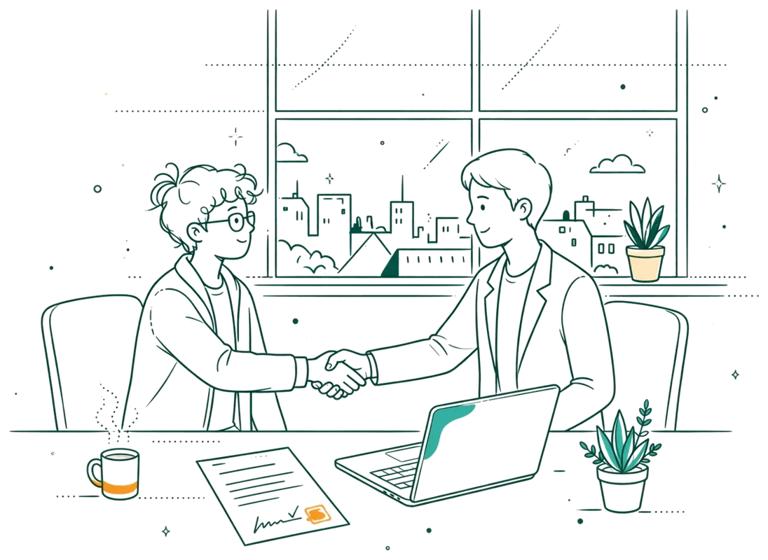 Dessin au trait : signature d'un contrat d'alternance en entreprise