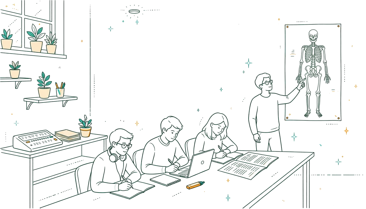 Dessin au trait : cours universitaire avec squelette anatomique