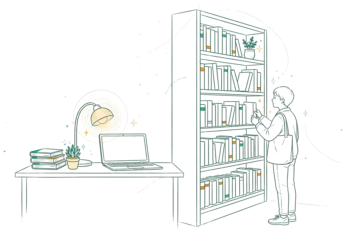 Dessin au trait : centre de ressources avec rayonnages et bureau.
