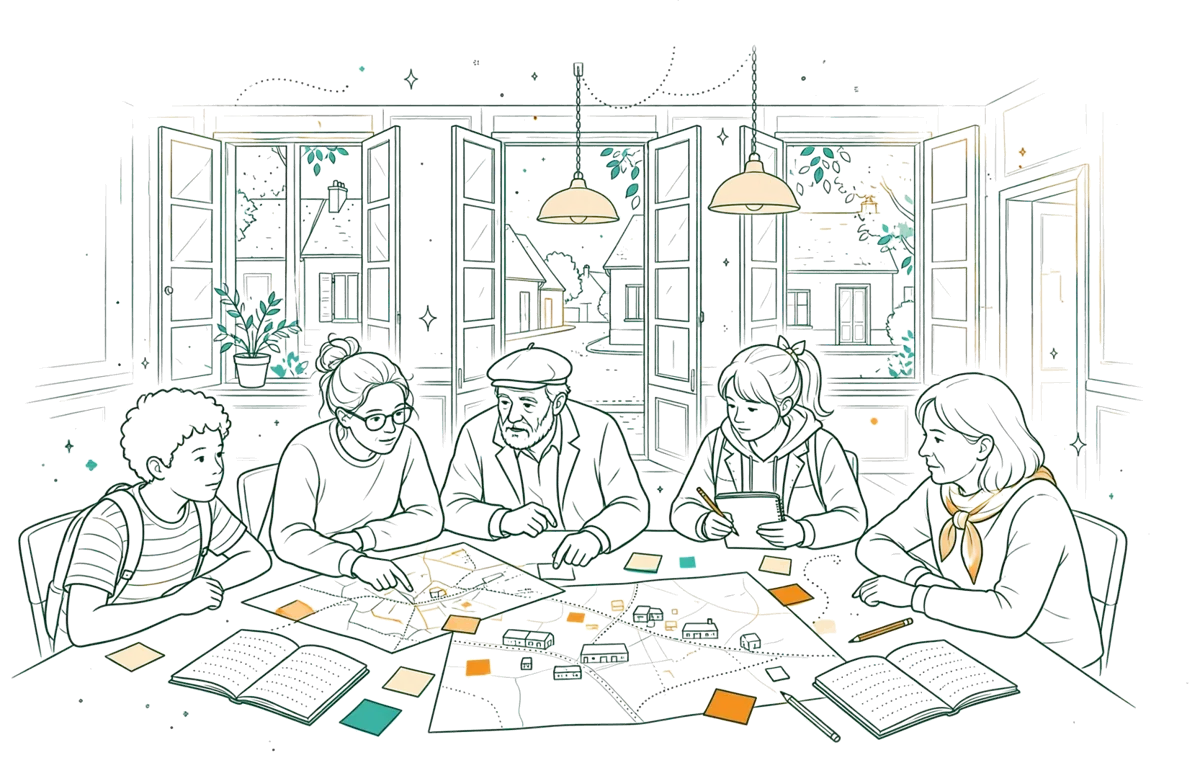Dessin au trait : étudiants en projet d’innovation avec des habitants.