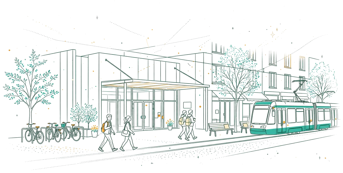 Dessin au trait : entrée d'école en centre-ville avec tram
