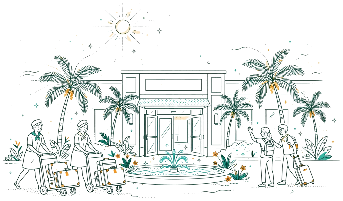 Dessin au trait : étudiants en hôtellerie devant un hôtel en Floride