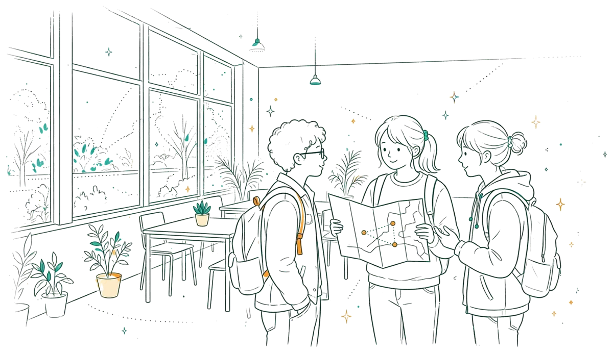 Dessin au trait : étudiants qui échangent dans le hall lumineux de l’école