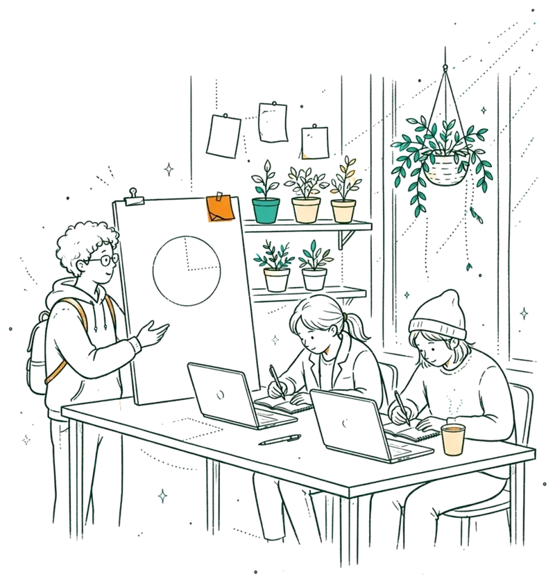 Dessin au trait : étudiants en travail de groupe autour d’une table
