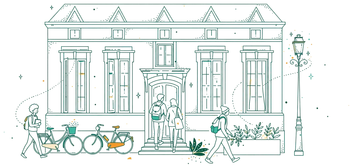 Dessin au trait : façade parisienne avec étudiants qui entrent