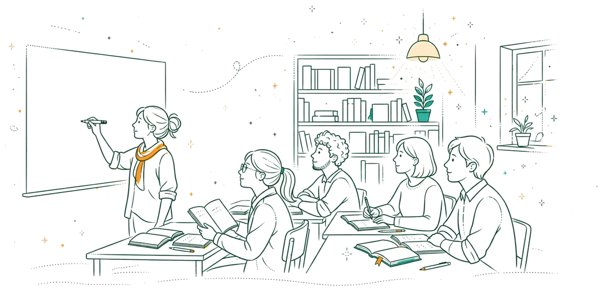 Dessin au trait : jeune enseignant devant une classe attentive