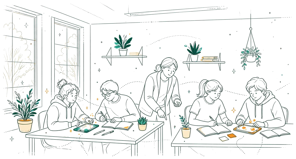 Dessin au trait : étudiants en travail de groupe en salle de coworking