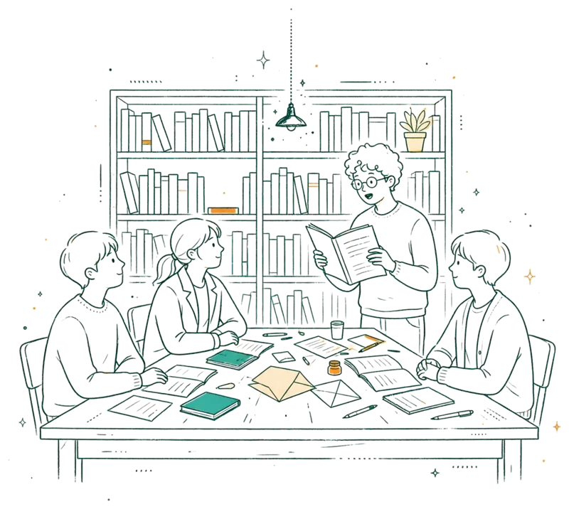 Dessin au trait : atelier d’écriture avec étudiants autour d’une table