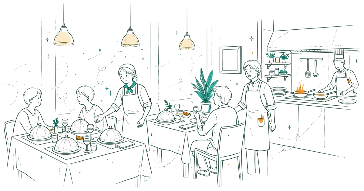 Dessin au trait : salle du restaurant d’application avec étudiants en service