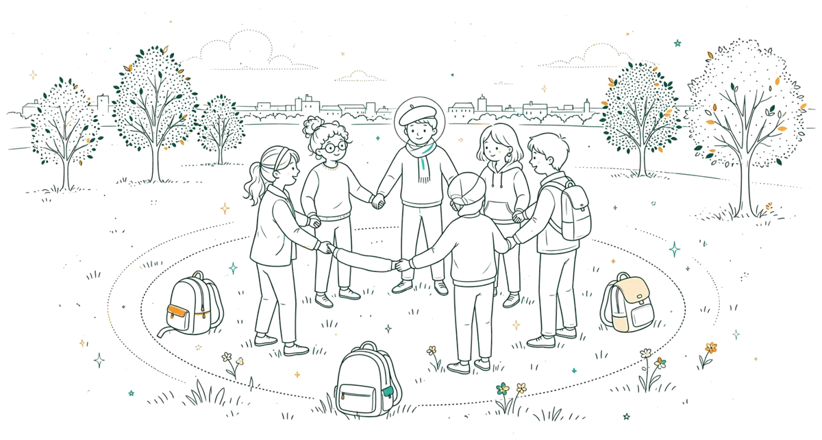 Dessin au trait : journée d’intégration entre étudiants au parc