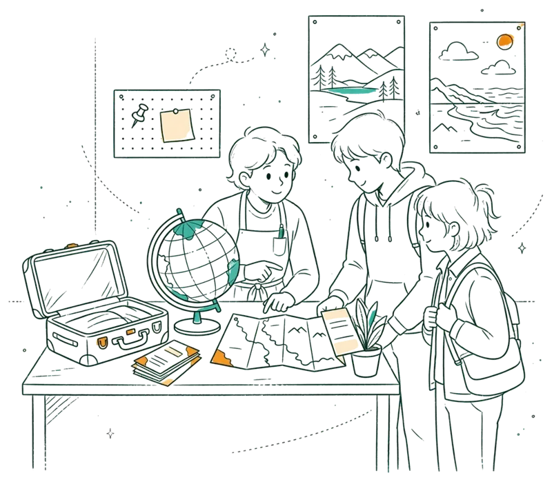 Dessin au trait : comptoir d’agence avec carte et valises
