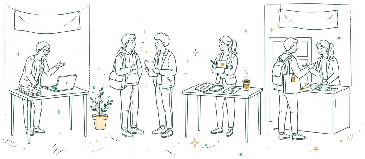 Dessin au trait : salon de l’emploi avec stands et étudiants