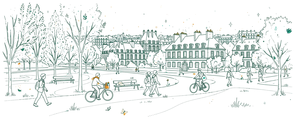 Dessin au trait : parc arboré avec résidences universitaires à Paris