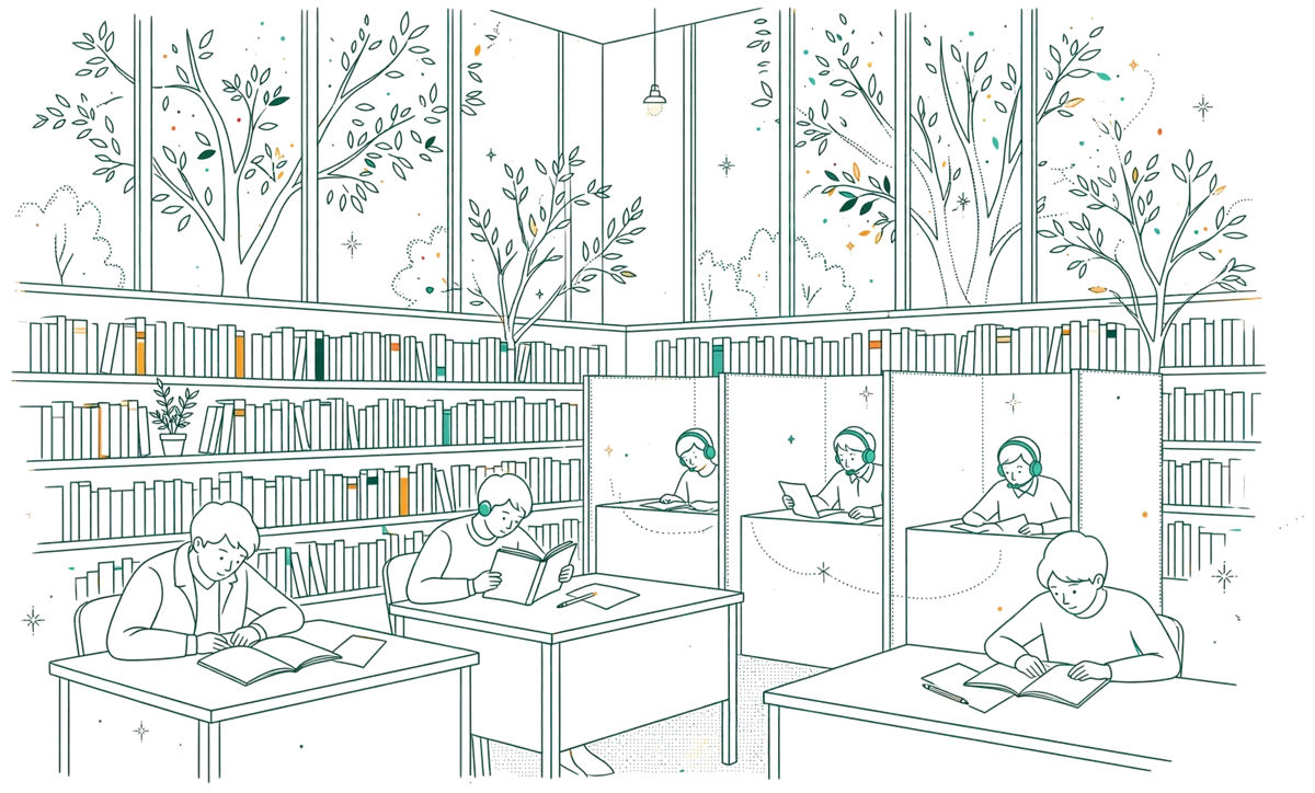 Dessin au trait : salle d’étude avec bibliothèque et ordinateurs