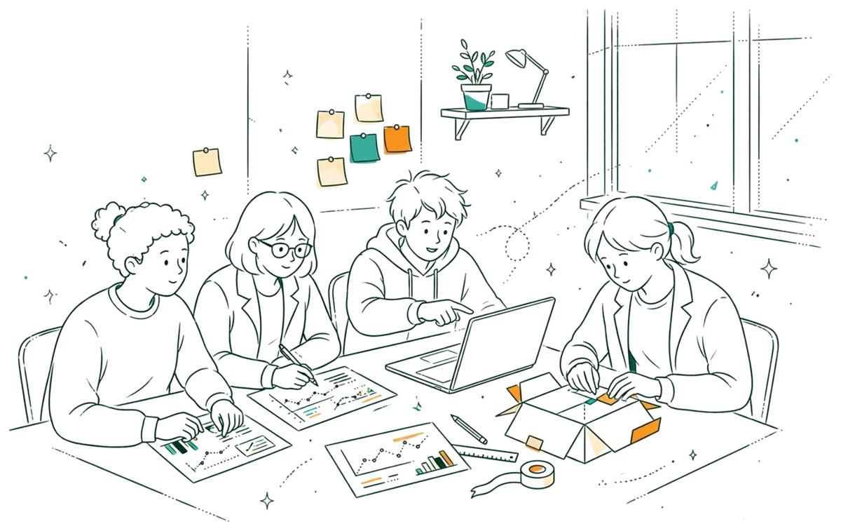 Dessin au trait : équipe étudiante sur un projet avec ordinateur