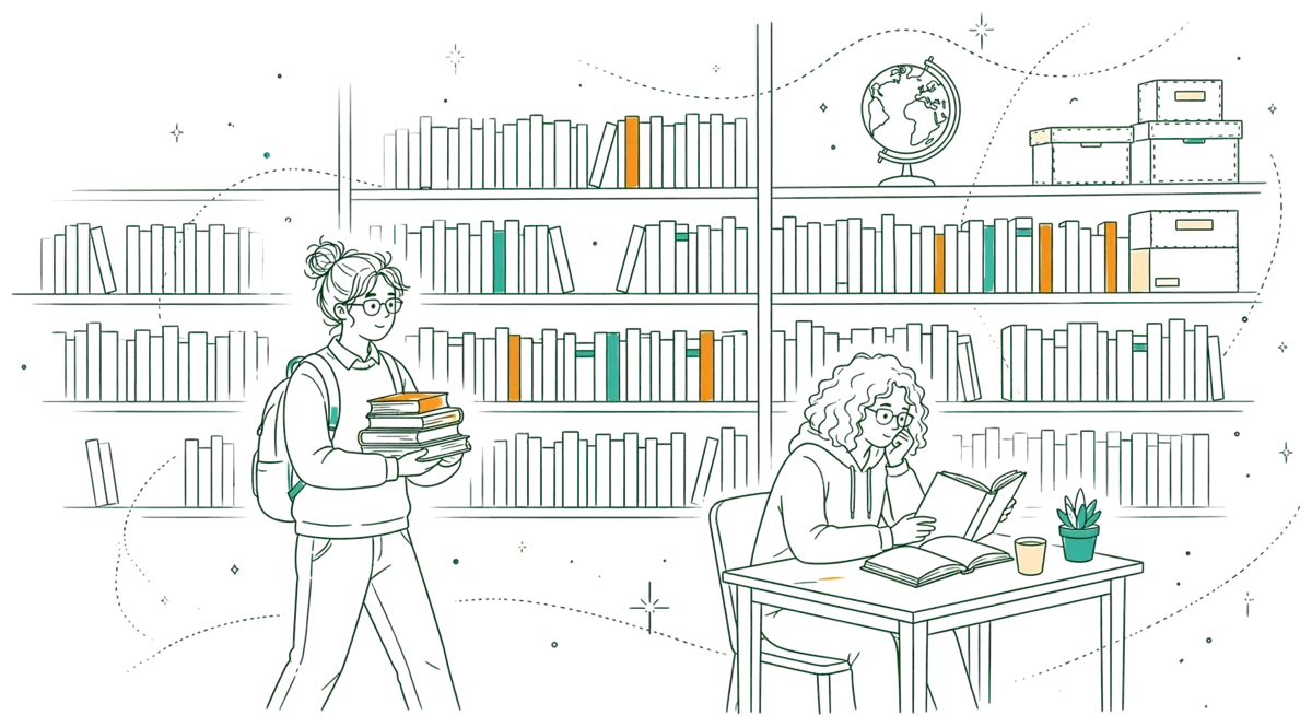 Dessin au trait : étudiants qui travaillent à la bibliothèque