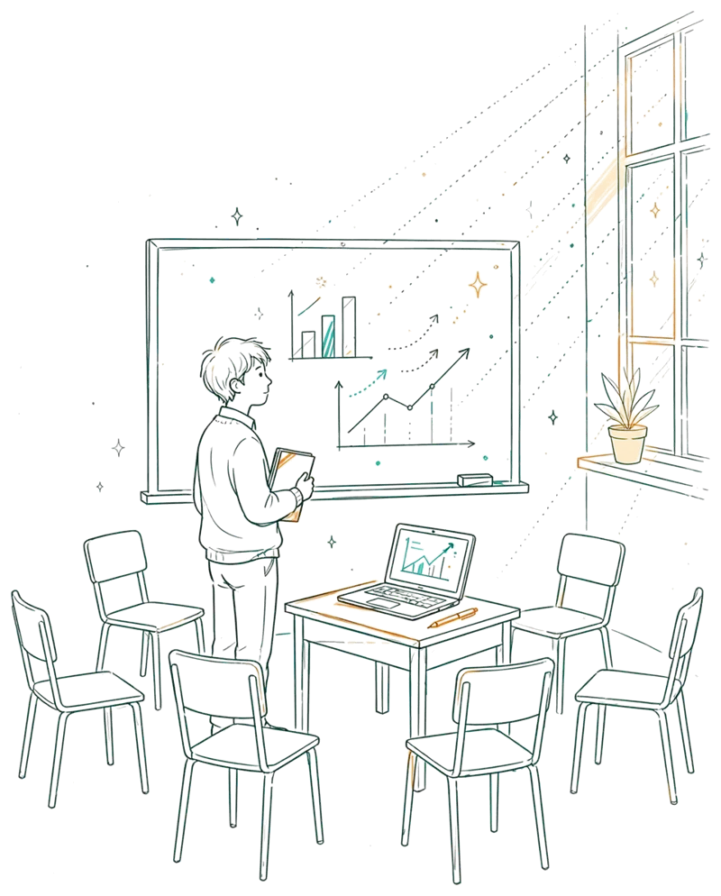 Dessin au trait : étudiant devant un tableau avec graphiques