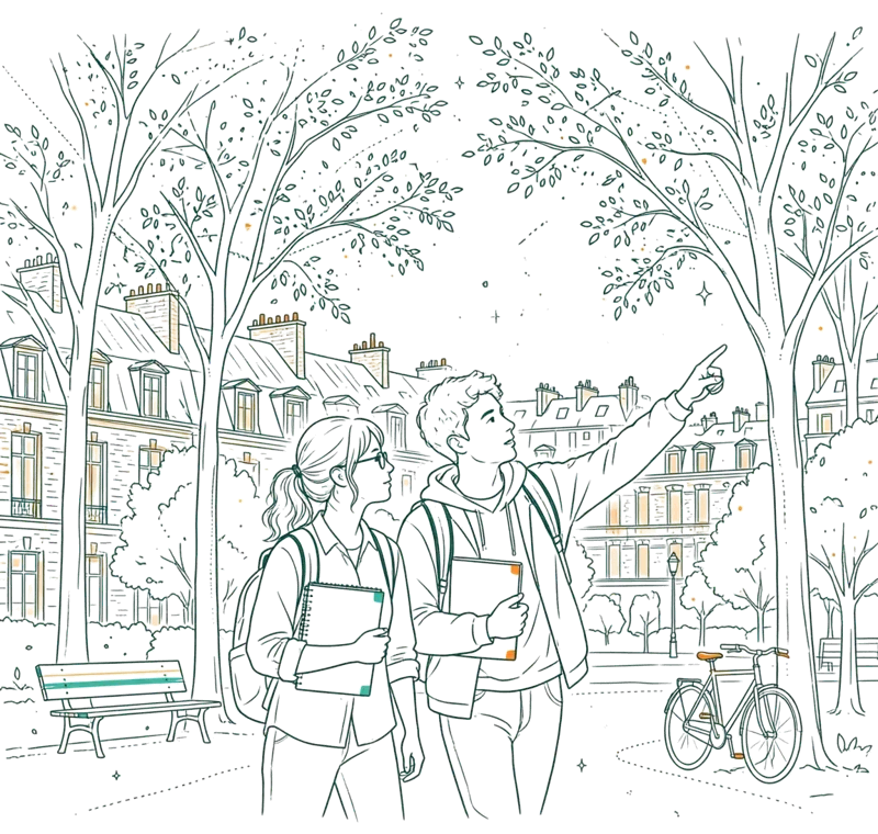 Dessin au trait : deux étudiants dans le parc de la Cité universitaire à Paris