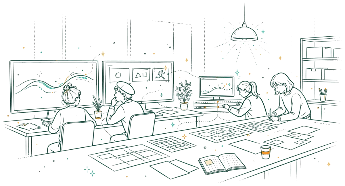 Dessin au trait : jeunes motion designers au travail en studio