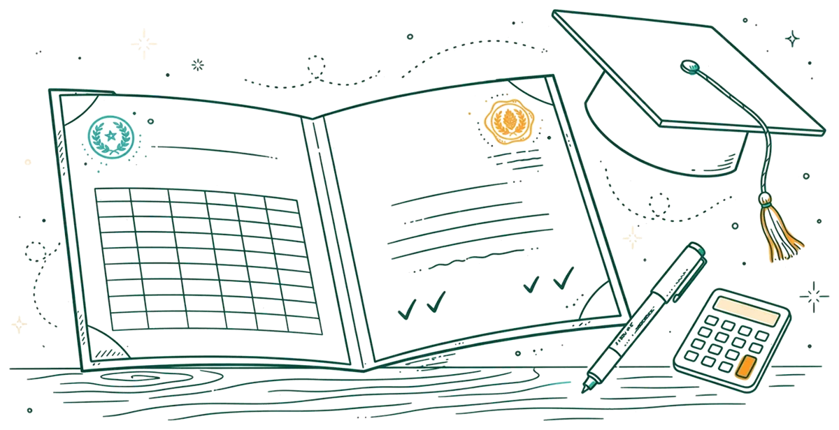 Dessin au trait : dossier de diplôme et calculatrice.