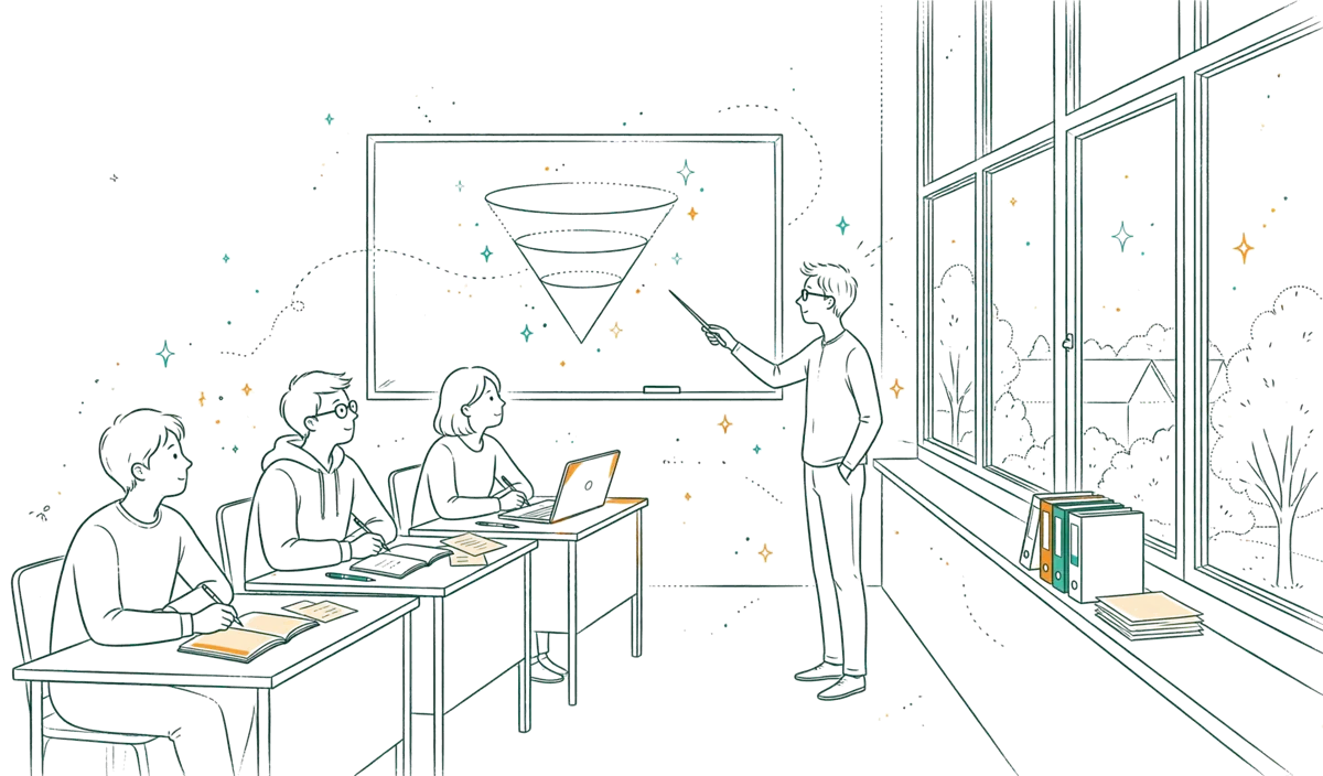 Dessin au trait : formateur et alternants en exercice en salle