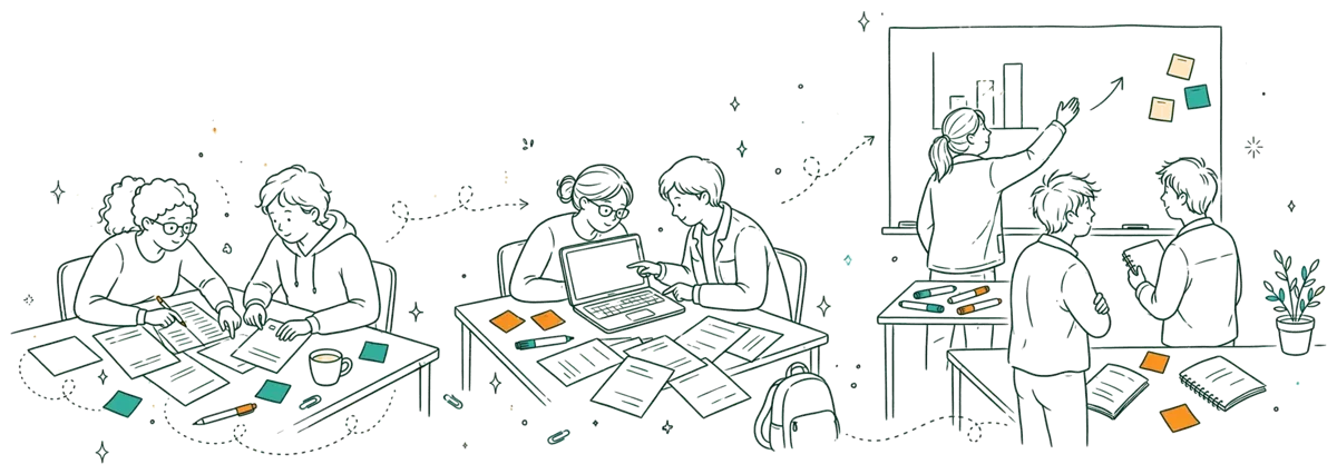 Dessin au trait : étudiants sur un cas pratique en classe