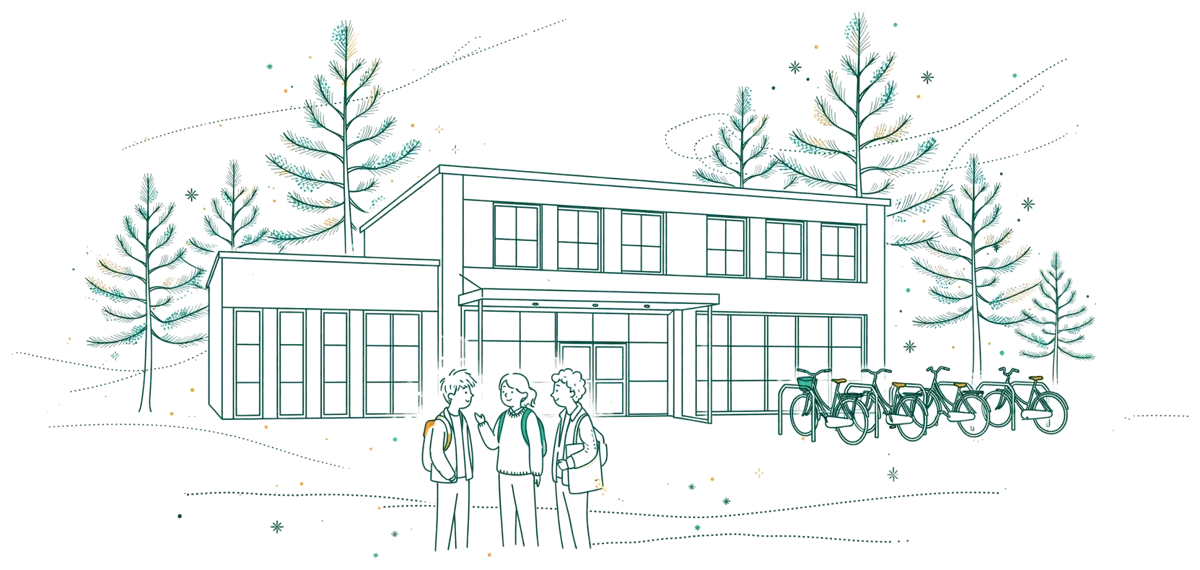 Dessin au trait : entrée du campus de Biganos avec étudiants