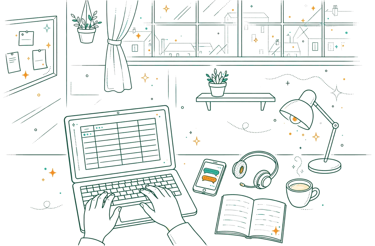 Dessin au trait : bureau avec ordinateur et outils de vente en ligne