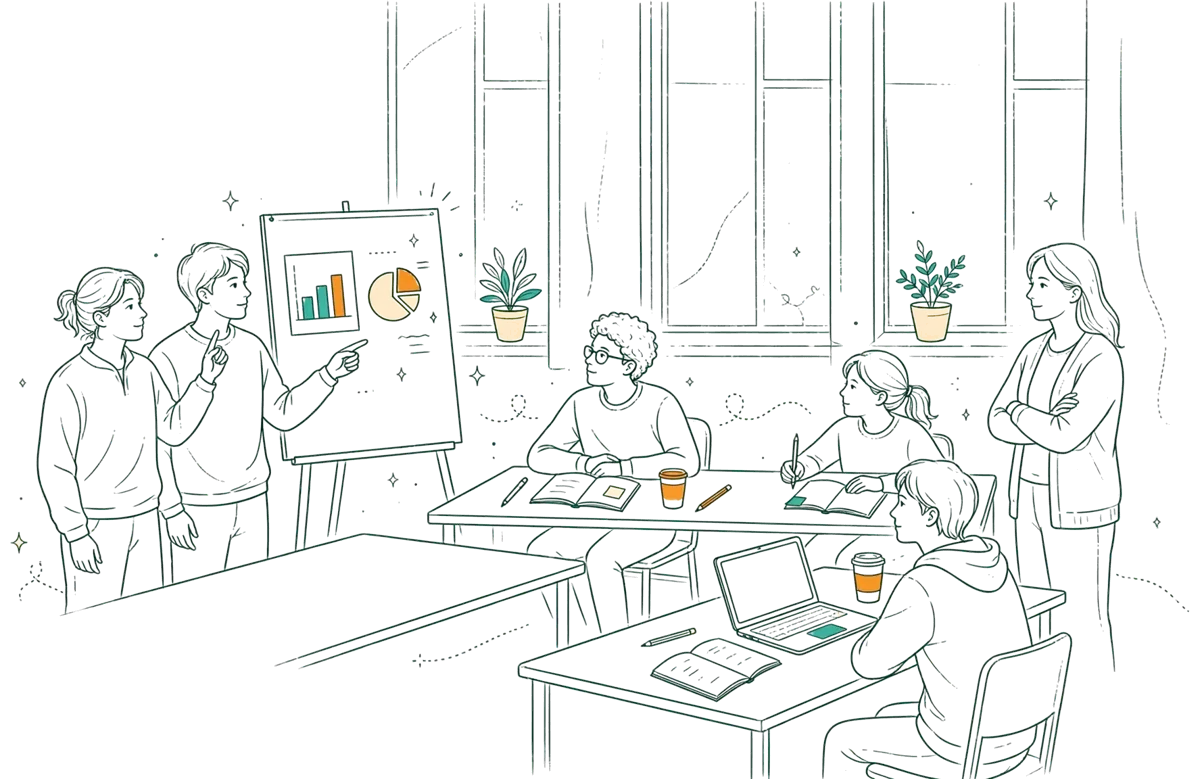 Dessin au trait : étudiants en simulation de rendez-vous client