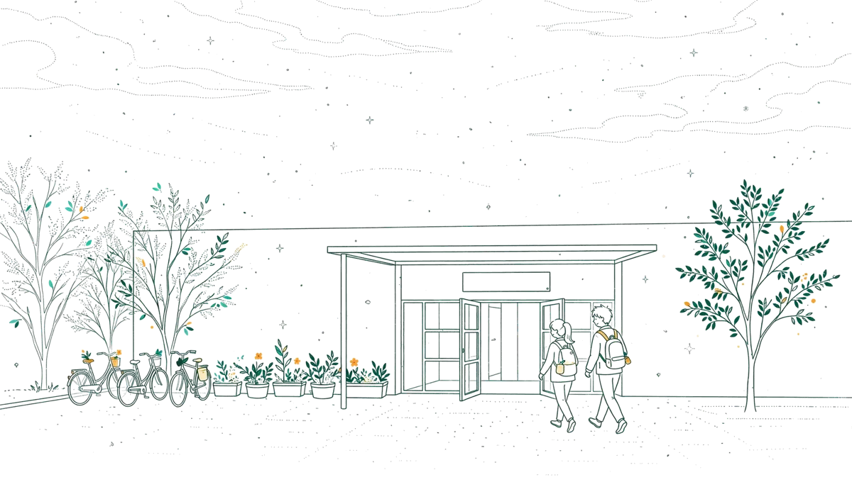 Dessin au trait : entrée vitrée d'un bâtiment de campus avec étudiants