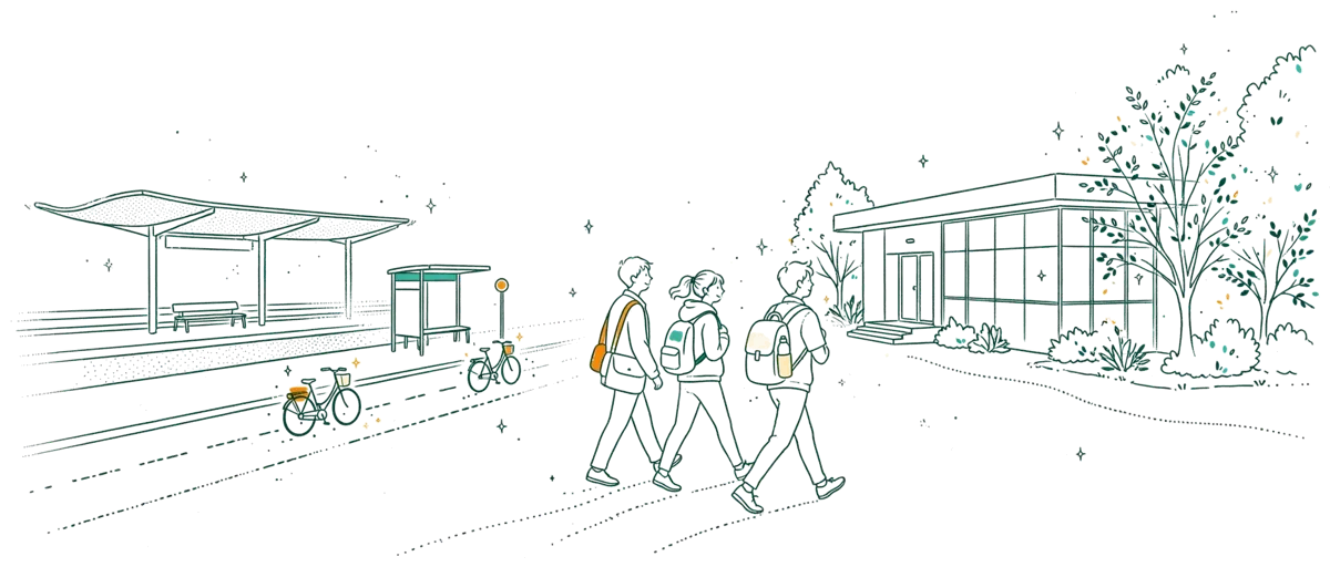 Dessin au trait : étudiants qui marchent de la gare vers le campus
