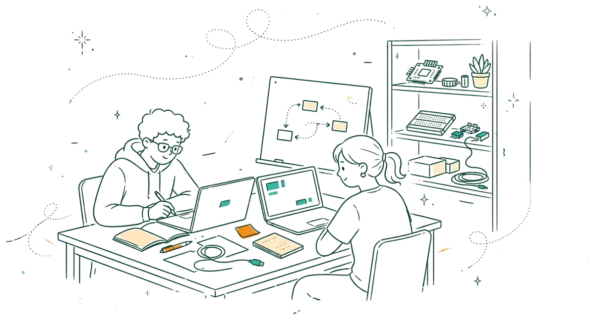 Dessin au trait : travail de groupe sur un projet informatique
