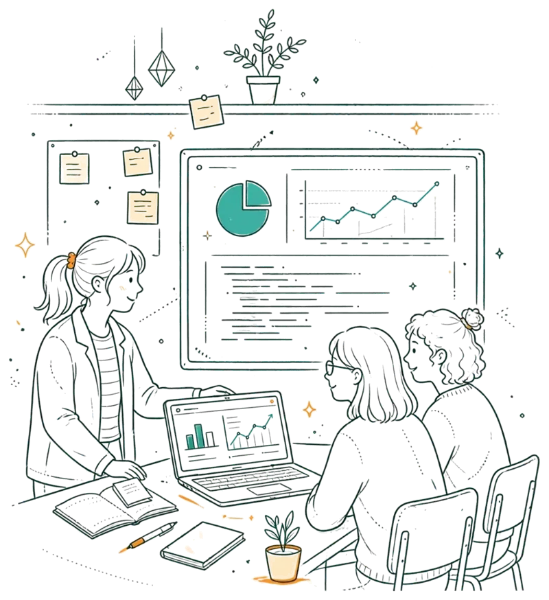 Dessin au trait : étudiant présentant un tableau de bord data