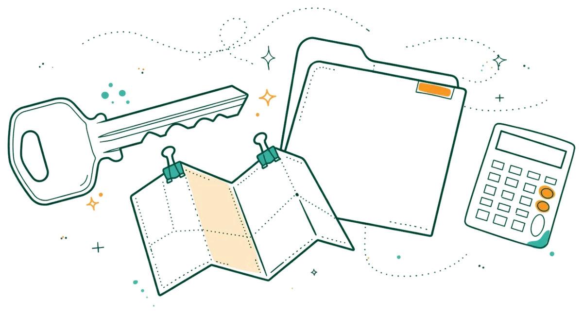 Dessin au trait : clé, plan et dossier immobilier.
