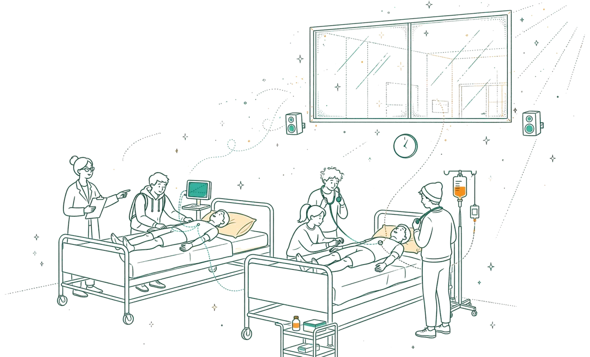 Dessin au trait : salle de travaux pratiques avec lits