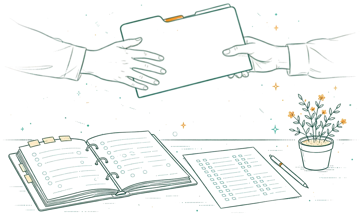 Dessin au trait : bureau avec classeur et planning d’alternance.