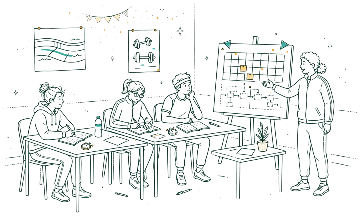 Dessin au trait : groupe de stagiaires en salle avec formateur