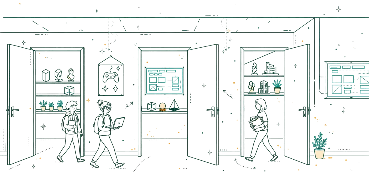 Dessin au trait : hall d’école avec trois studios jeu, animation et web