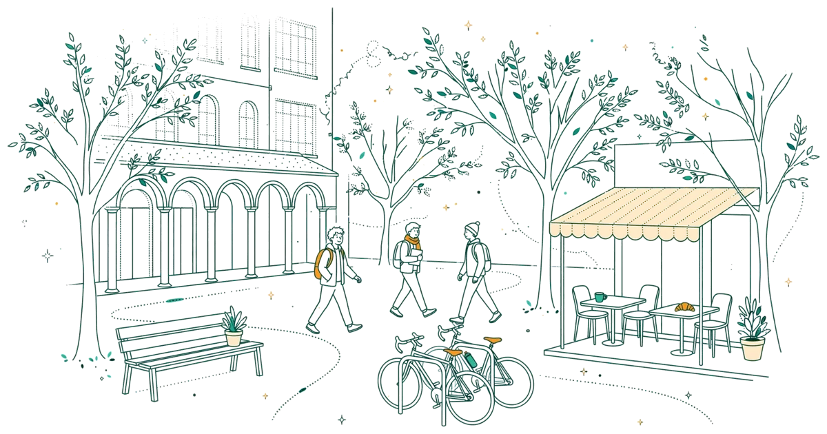 Dessin au trait : cour du campus avec étudiants et vélos.