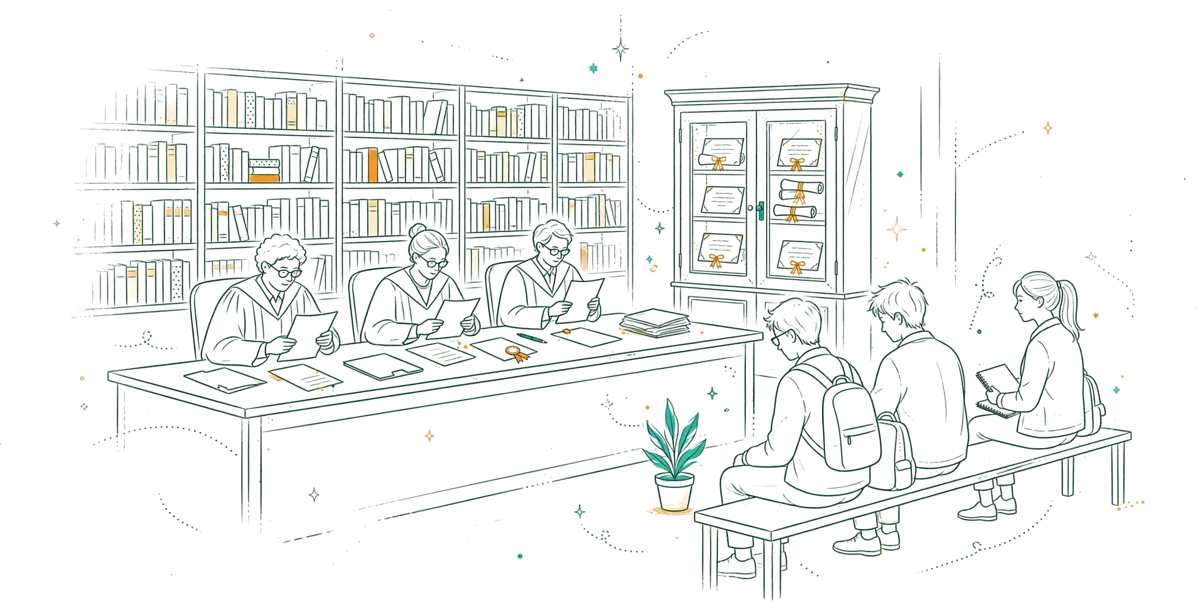 Dessin au trait : jury universitaire dans une salle de l’école.