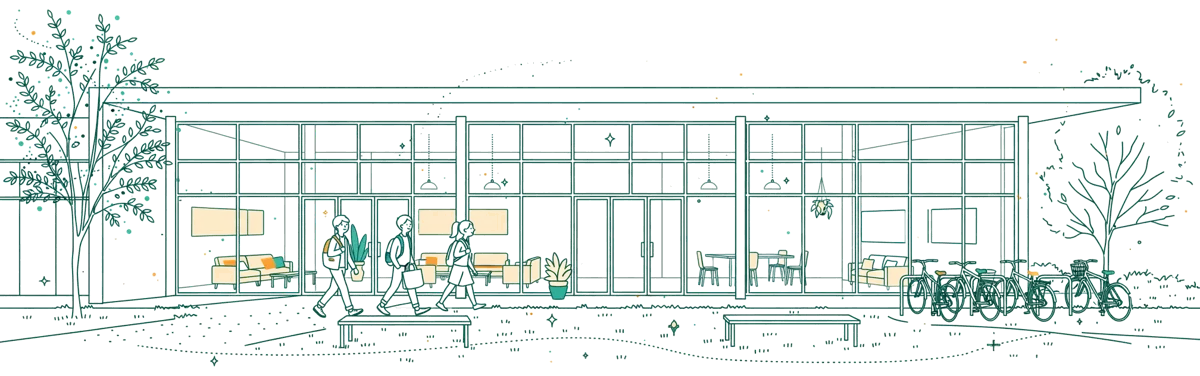 Dessin au trait : entrée du campus avec étudiants et espaces verts