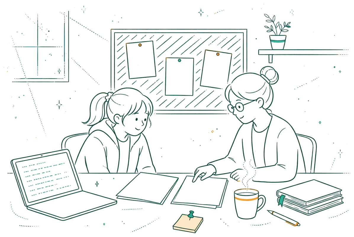Dessin au trait : rendez-vous de suivi autour d’un CV