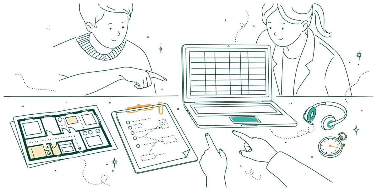 Dessin au trait : bureau de production avec budget et plan d’expo