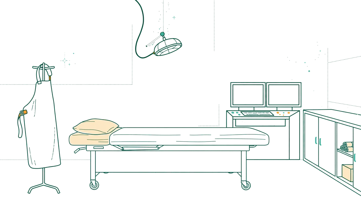 Dessin au trait : salle de simulation vide prête pour un cours