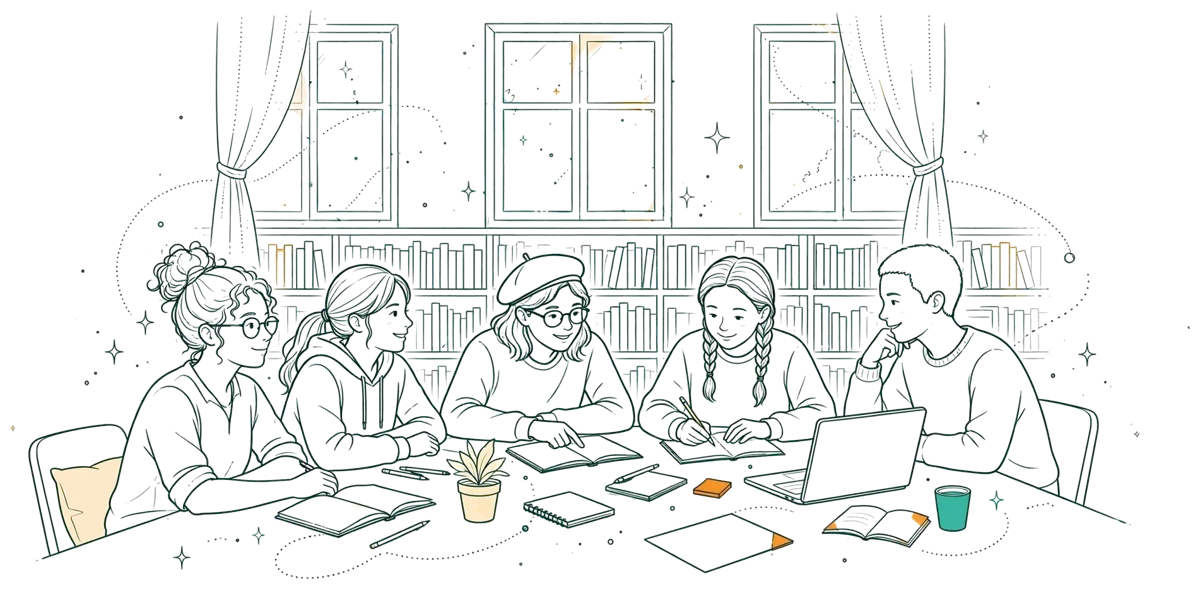 Dessin au trait : étudiants en travail de groupe