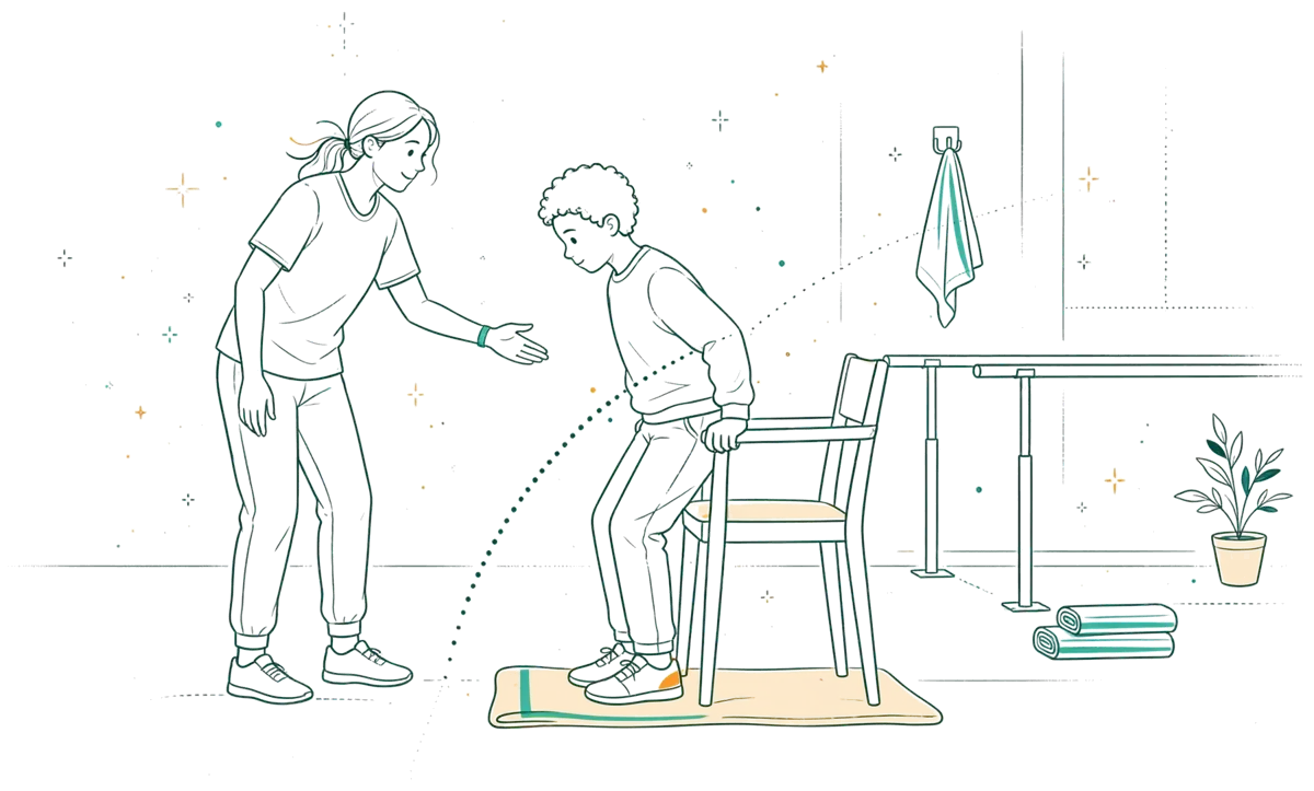 Dessin au trait : kiné qui guide un exercice de rééducation